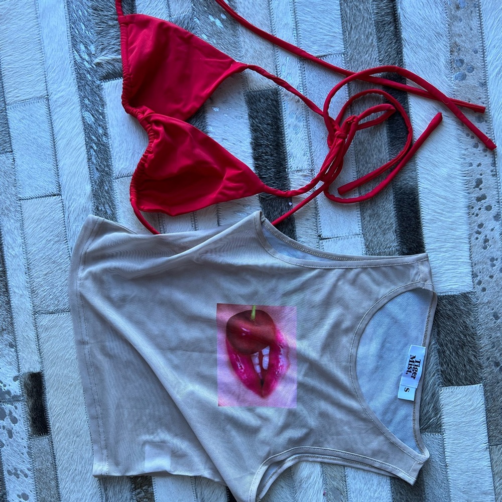 Tiger Mist Layla Lips crop top with red bikini for under